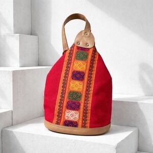 Vintage Jackrabbit Red Canvas Sling Backpack Leather Trim Embroidered Boho Bag